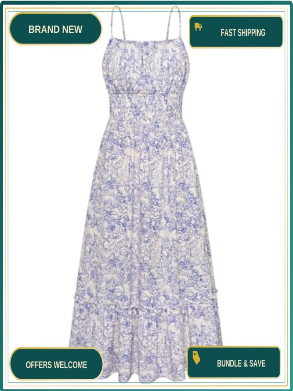 Boho Maxi Sundress with Pockets Smocked Waist Spaghetti Strap Square Neck